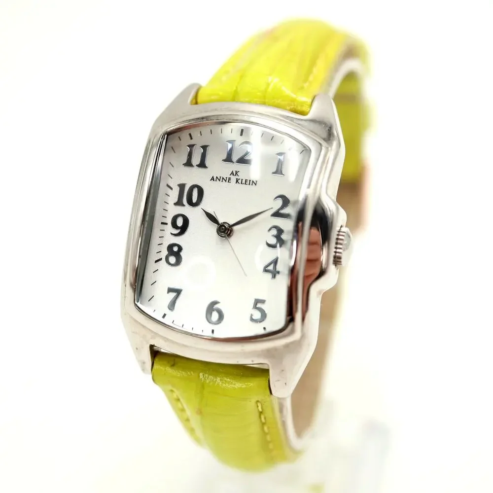 Anne Klein Silver Tone 28mm Rectangle Dome Women Watch Green Leather New Battery